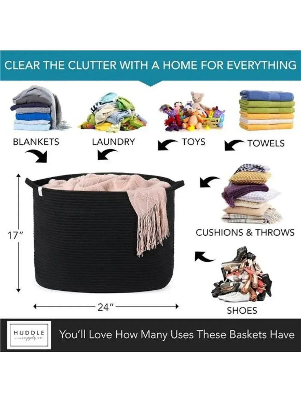 Extra Large Black Woven Basket 2 Pack Blanket Toy Laundry Storage Baskets